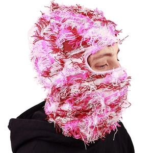 Pink and white fuzzy knit Balaclava hood for winter warmth and street fashion style