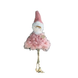 Pink plush angel doll pendant with knitted hat and wooden bead hanging cord for Christmas