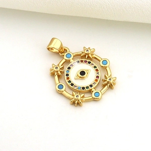 Golden Evil Eye pendant featuring white enamel, colorful micro-zircons, and blue star rays