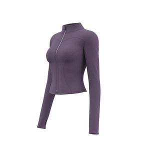Slim fit smoky purple yoga jacket with stand collar and thumb holes for women