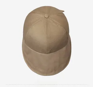 Top-down view of a khaki cotton sun hat with six-panel crown and wide brim detail