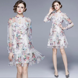 Blumenmuster Mesh Spitze Spleißen Kleid Langarm Hohe Taille Elegant Rundhals A-Linie Retro Pendeln Für Frauen