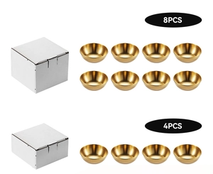 Detailed view of 8-piece and 4-piece golden stainless steel sauce dish sets with packaging