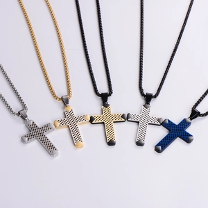 Cross pendant necklaces in five colorways with polished grid textures and woven chains