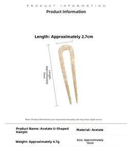 Detailed size specifications for marble-patterned acetate U-shaped hair stick pins