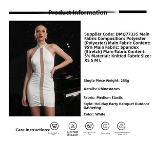 Detailed view of white halter neck dress featuring rhinestone decor and waist cutouts