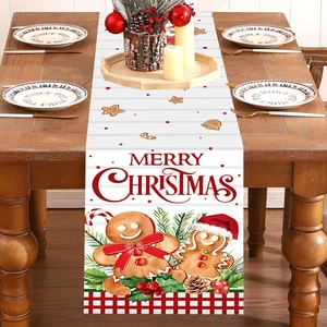 Christmas Table Runner Polyester Gingerbread Man Merry Christmas Print Festive Holiday Party Dining Room Decoration