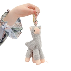 Cute grey fluffy alpaca plush keychain with silver metal clip for bag accessories
