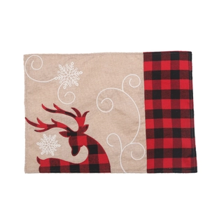 Set de table de Noël avec broderie de renne et motif à carreaux rouges sur lin