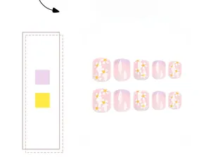 Detailed view of 10-piece short square press-on nails with white daisies and purple edges