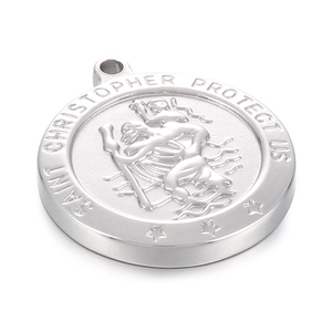 Silver stainless steel Saint Christopher protect us religious round pendant charm