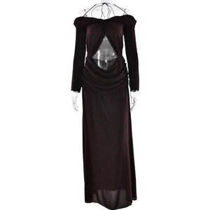 Detail of deep brown dress featuring halter neck, chest cutout and draped waist folds