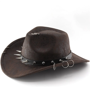 Detail of dark brown western cowboy hat with studded leather band and punk metal rings