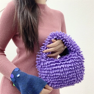 Chic purple fuzzy mop plush handbag for women with candy color soft marshmallow texture