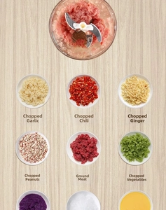 Close-up of manual food processor mincing garlic, chili, ginger, peanuts and meat