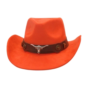 Vibrant orange suede Western cowboy hat with brown bull head decorative band