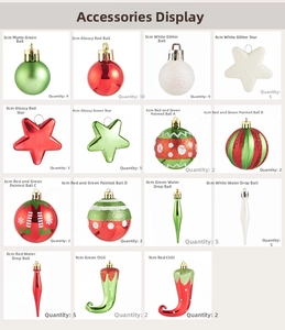 Detail view of red, green, and white Christmas tree ornaments in various shapes and sizes