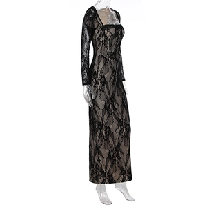 Detail of elegant black floral lace evening dress with square neck and side slit