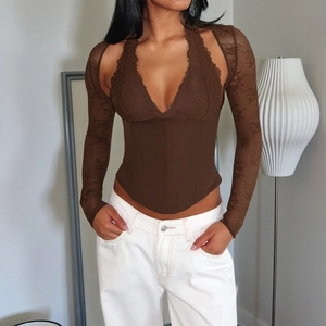 Slim fit coffee lace long sleeve corset top with deep V-neck and halter design for women