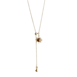 Vintage gold Y-shaped sun pendant necklace with tiger eye stone and beaded chain detail