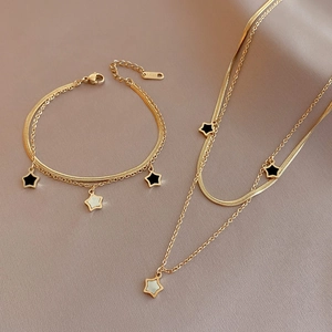 Collier Et Bracelet Étoile Double Couche En Acier Inoxydable Plqué Or Élégant Bijoux Tendance Pour Femmes