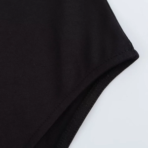 Detailed macro view of black ribbed bodysuit fabric with precise stitching and texture