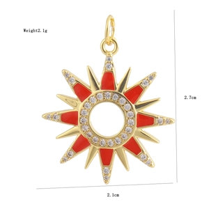 Detail of 18K gold plated sun pendant with red enamel and dimensions in millimeters