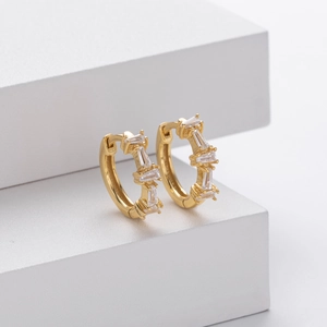Minimalist S925 sterling silver gold hoop earrings with rectangular clear zircon stones