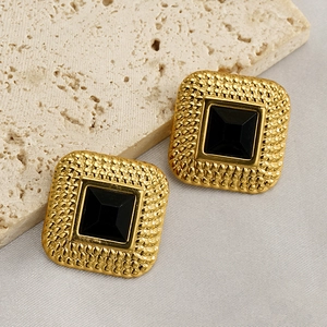 Vintage gold square earrings with black acrylic stones and beaded metal texture trim