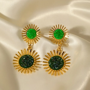 Fashion Stainless Steel Sunflower Drop Earrings With Green Rhinestone Bohemian Sunburst Dangle Earrings For Women Jewelry
