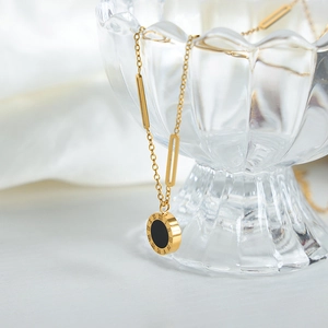 Vintage 18k gold plated roman numeral pendant necklace with black shell inlay for women