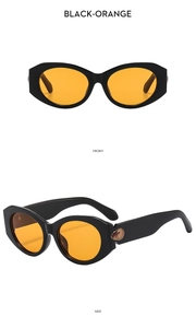 Front and side view of retro cat-eye sunglasses with black frame and orange lenses