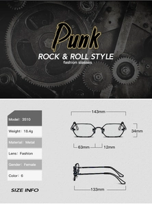 Guía de medidas detallada para gafas punk de metal modelo 3510 con dimensiones
