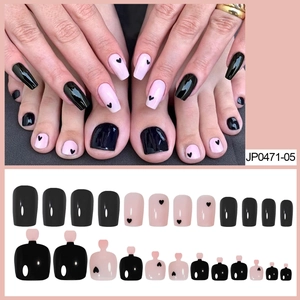 Press On Nails Hand And Toe Nails Full Cover Resin Glossy Black Pink Heart Pattern Sweet Cool Y2K Style Women Fake Nails