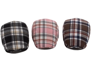 Detailed view of three herringbone newsboy caps in various classic plaid patterns