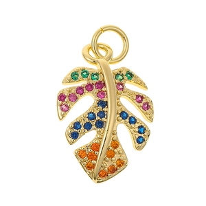Golden monstera leaf charm with colorful cubic zirconia stones for DIY jewelry making