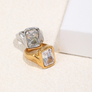 18K gold plated stainless steel ring with square zircon and lava texture finish