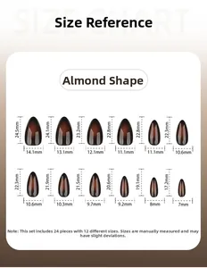 Size chart for almond-shaped press-on nails featuring detailed length and width measurements