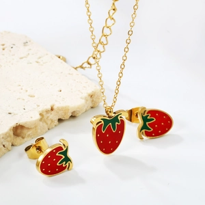 Cute strawberry jewelry set with gold necklace and stud earrings in red enamel