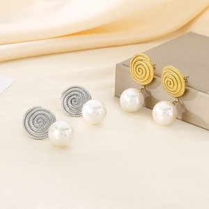 French style spiral stainless steel earrings with white pearls in gold and silver
