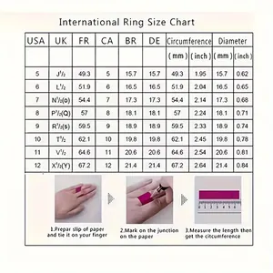 Detailed international ring size chart with USA, UK, and FR conversion measurements