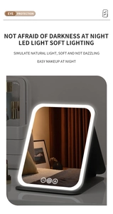 Macro view of portable LED makeup mirror showing touch controls and soft eye protection light