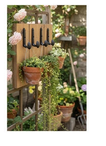 Close-up of four vintage black cast iron hooks mounted on wood holding garden flower pots