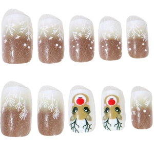 Christmas press-on nails featuring gradient glitter, reindeer, and white snowflake patterns