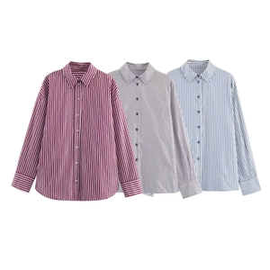 Women Striped Long Sleeve Shirt Polyester Vertical Stripe Lapel Button Down Casual Street Fashion Blouse Tops