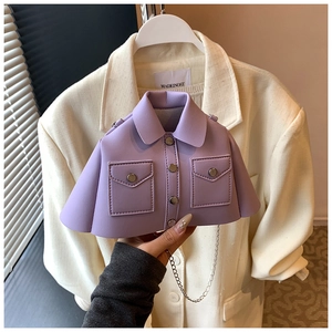 Detailed shot of purple jacket-shaped mini crossbody bag with silver chain strap