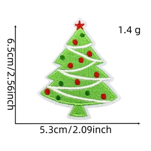 Detailed view of an embroidered Christmas tree patch with measurements 6.5cm x 5.3cm