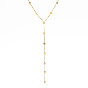 Elegant gold Y-shaped necklace with dangling cubic zirconia and metal sequins on a thin chain
