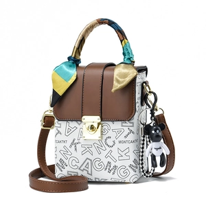 Cute bunny style mini handbag with bear pendant and silk scarf handle in brown and white