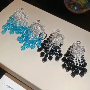 Elegant crystal bead tassel drop earrings in blue and black with silver metallic geometric top
